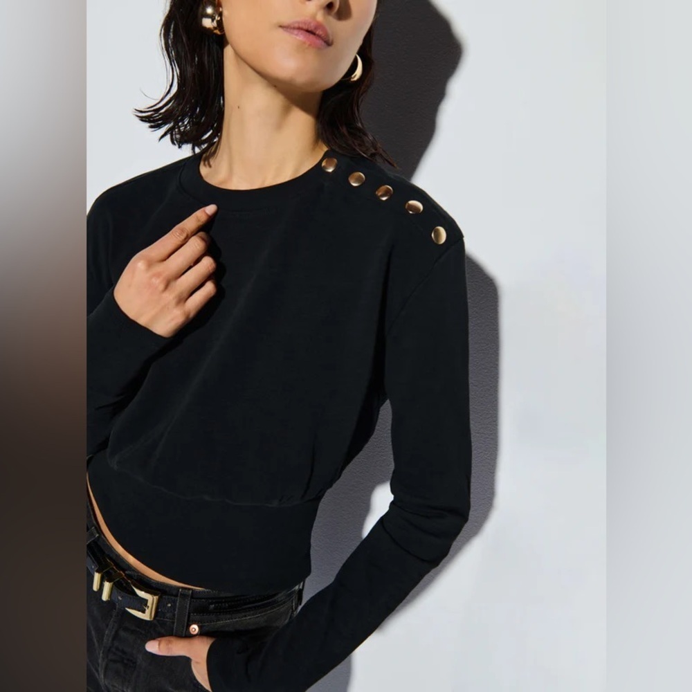 Nation LTD Monique Long Sleeve Gold Snaps Cotton Top in Black Size Small NEW